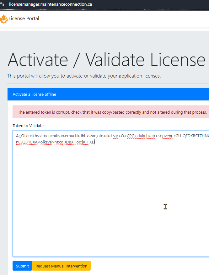 License Manager windo when you put in an invalid token