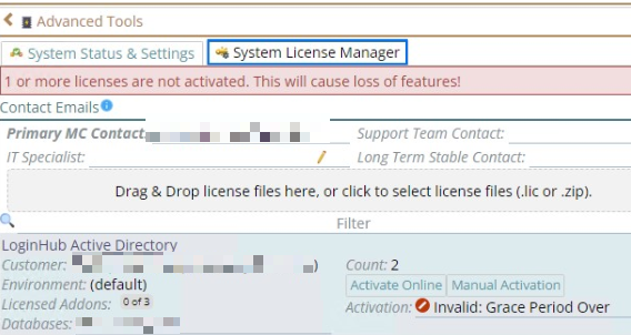 Shows a license that may need a Manual Activation