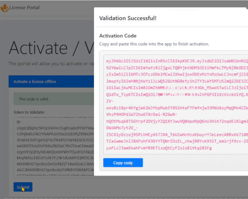 Shows the results of a successfull manual validation request and the output you'll need to copy