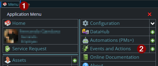 shows the menu ui for getting to the events and actions