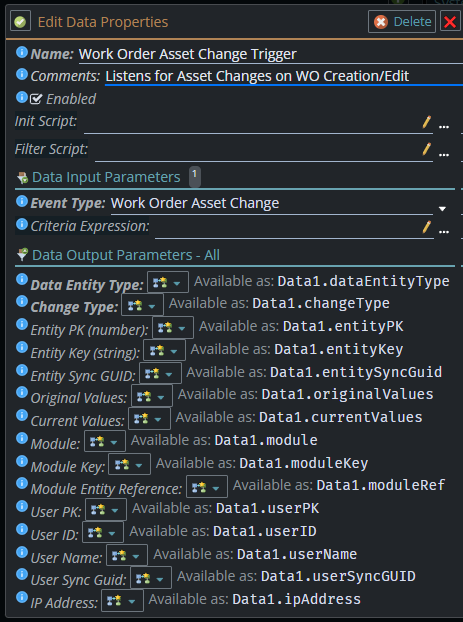Shows Trigger configuration with Work Order Asset Change selected