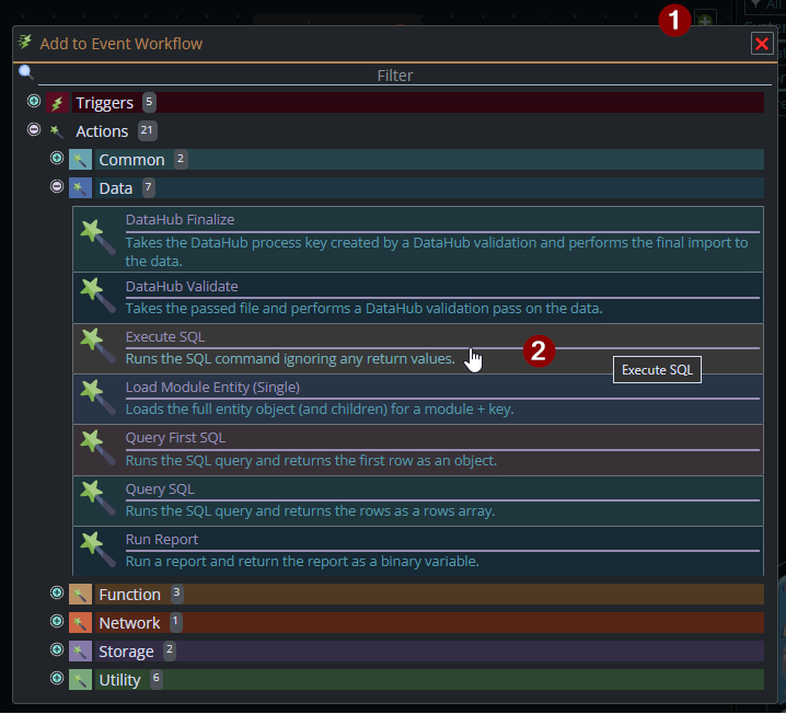Shows choosing the Execute SQL action