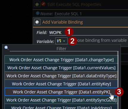 Parameter dialog showing WOPK bound to Data1.entityPK