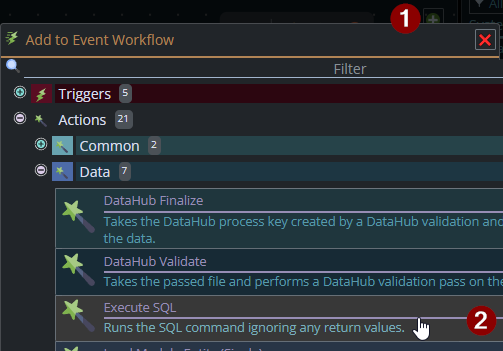 Shows Workflow action picker with Execute SQL selected