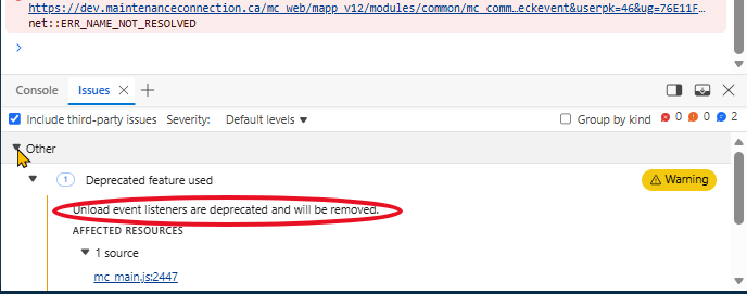 Shows unload event listeners is an issue.