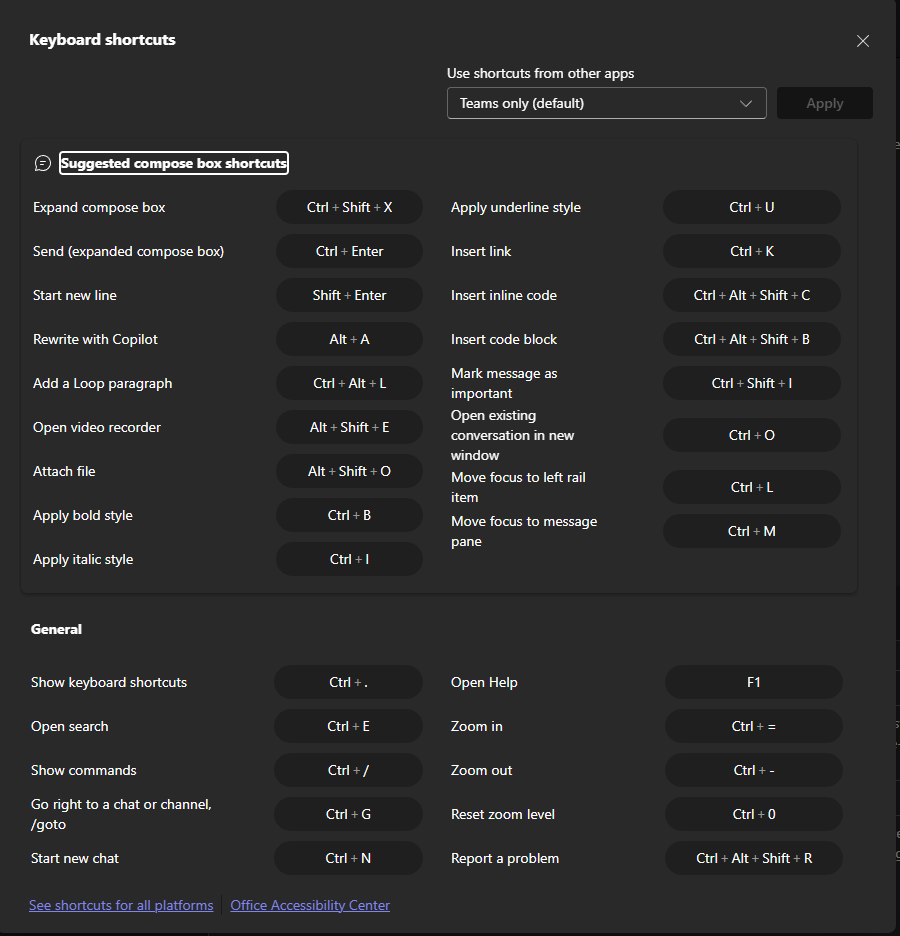 Default keyboard shortcuts in Teams