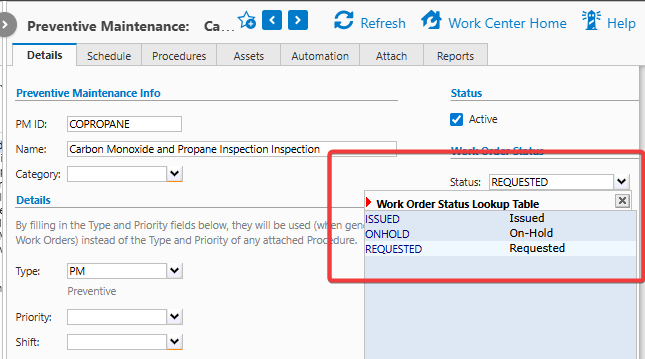 Shows setting status of the WO the PM generates