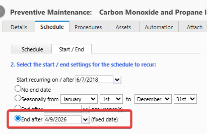 Shows the Work order won't be created after the end date.