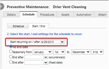 Shows the PM won't start generating Work Orders until the start date.