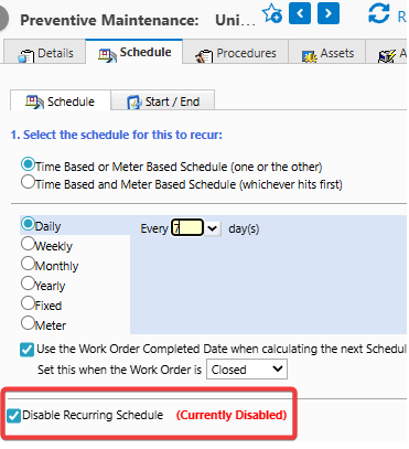 Shows Recurring schedule is disabled