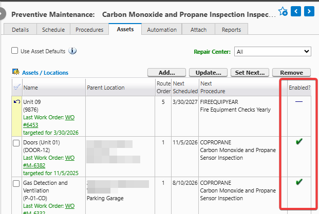 Shows assets that are not enabled will not have WOs created by any PMs.