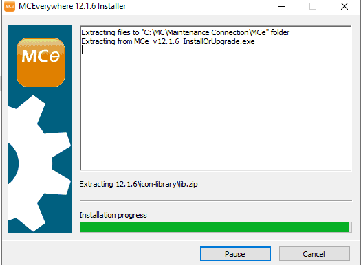 Shows MCe installer setup log as it is running