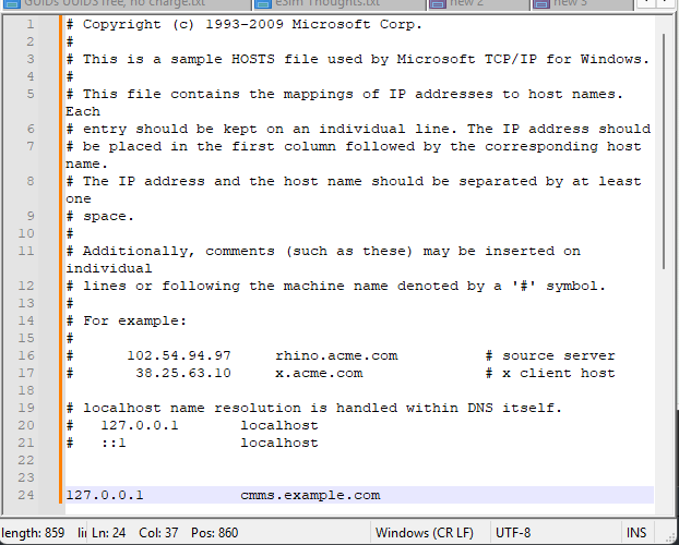 Shows sample hosts file with localhost