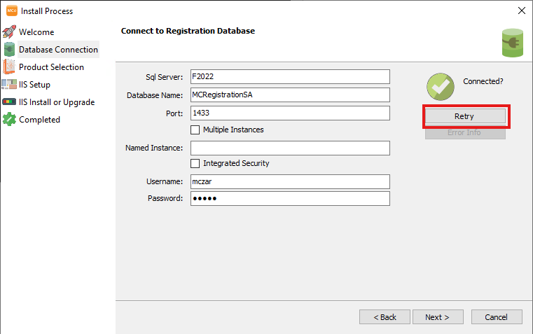 Shows connection confirmation and retry option