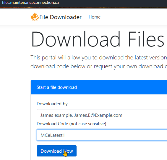 Shows how to enter info to do the Download of the installer/upgrader