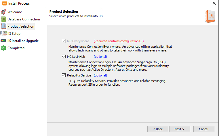 Shows decision screen for which parts should be installed into IIS