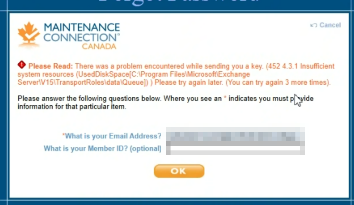 Shows login screen when the Exchange server itself has run out of disk space