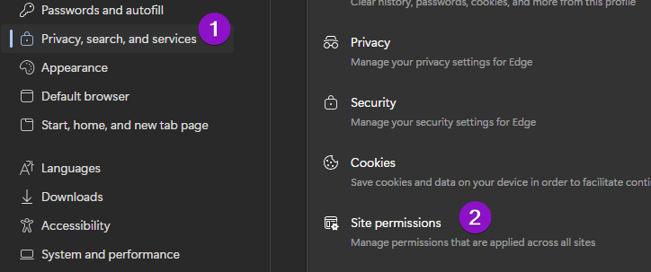 Shows MS Edge Site permissions
