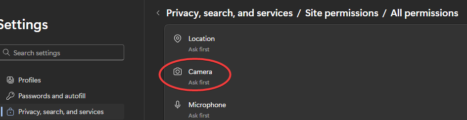 Shows MS Edge select Camera settings