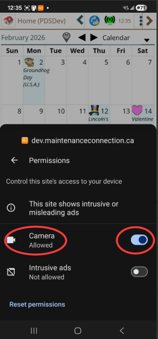 Shows setting Android Browser Camera allowed