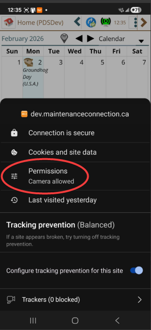 Shows Android browser Camera permissions