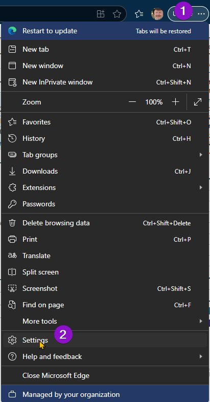 Shows MS EDge Settings