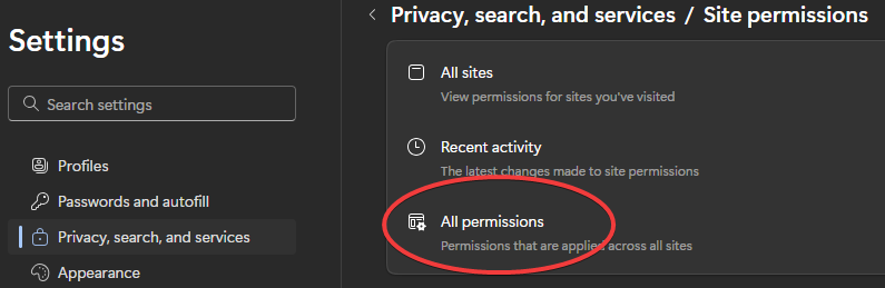 Shows selecting MS Edge All permissions