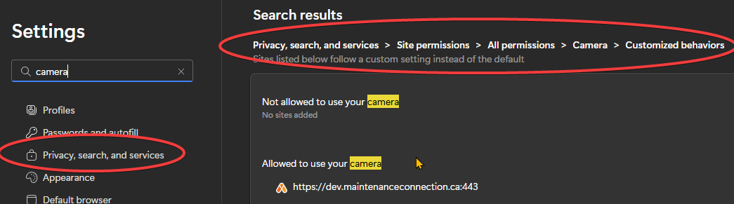 Shows MS Edge Privacy settings