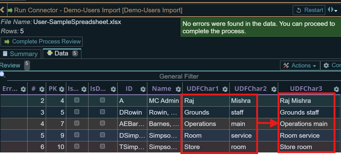 Shows output after merging 2 field's data into 1 field
