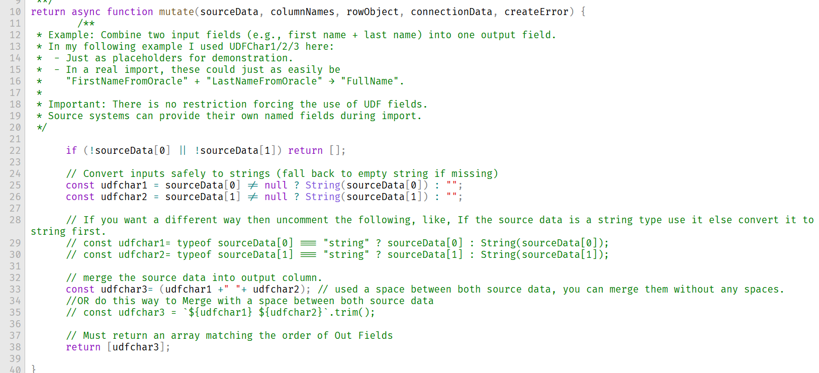 Shows the script for the mutator to mutate multiple fields into other field(s)