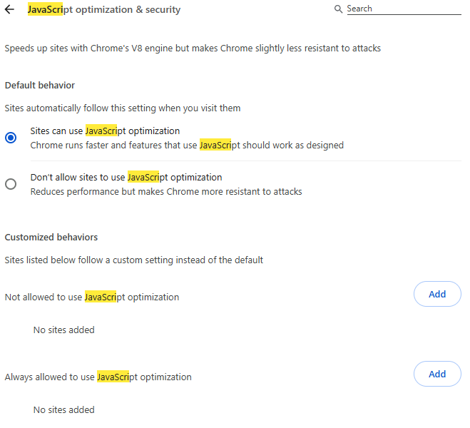 Shows setting JavaScript settings