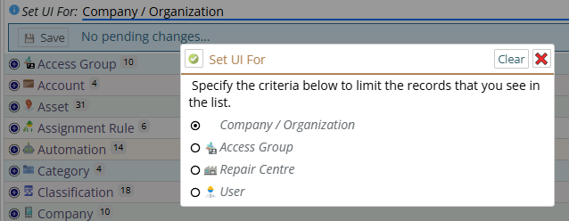 Shows setting up for Company, Access group etc.