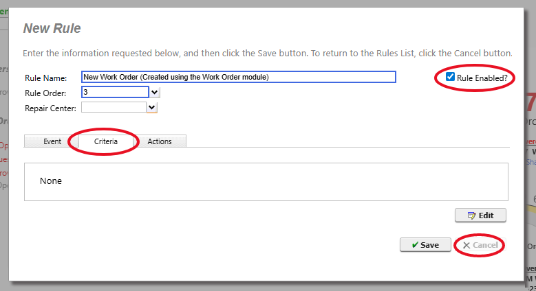 Shows new Rule cancel button disabled