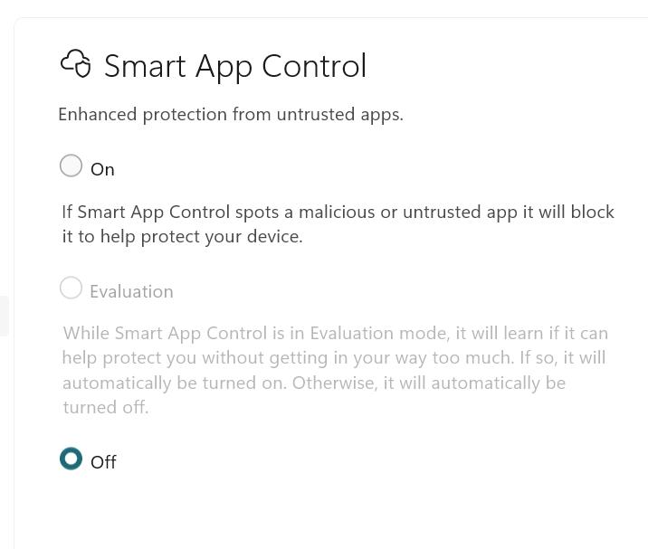 Shows turning Smart App Control off