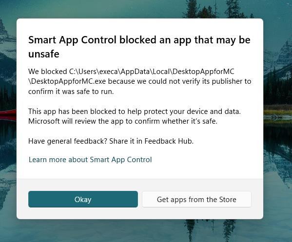 Shows the Smart App Control blocking Desktop App for MC