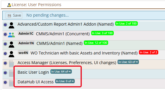 Shows where in the UI the Basic User Login and DataHub UI access license are