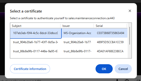 Shows certificate challenge to user on an improperly set up server