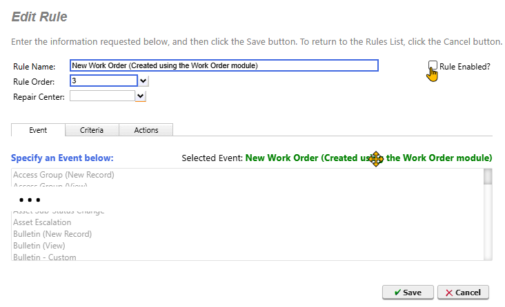 Shows edit rule rule enabled