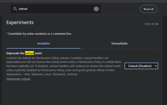 Shows that the flag default has currently been changed to Disabled