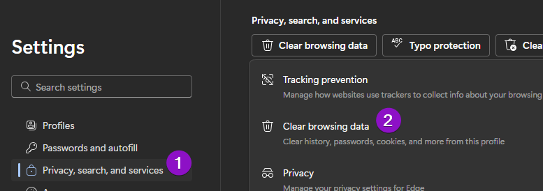 Shows MS Edge clear browsing data option