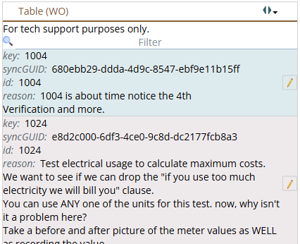 Shows rows of data in the database viewing tool